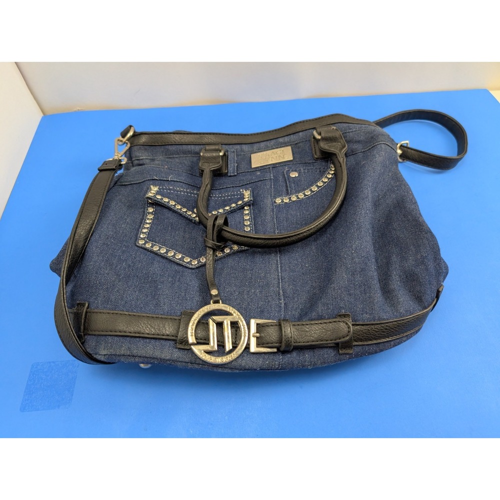 Traci Lynn Crossbody Denim Fashion Stud Handbag Blue Jean Bling Bag Zip Pockets